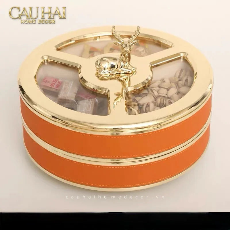 Maison Couture - Hộp Bánh Mứt 2 Tầng Hươu Bản Da Cam Boîte Exquise - Sienna Leather 26x21-CẬU HAI HOME DECOR