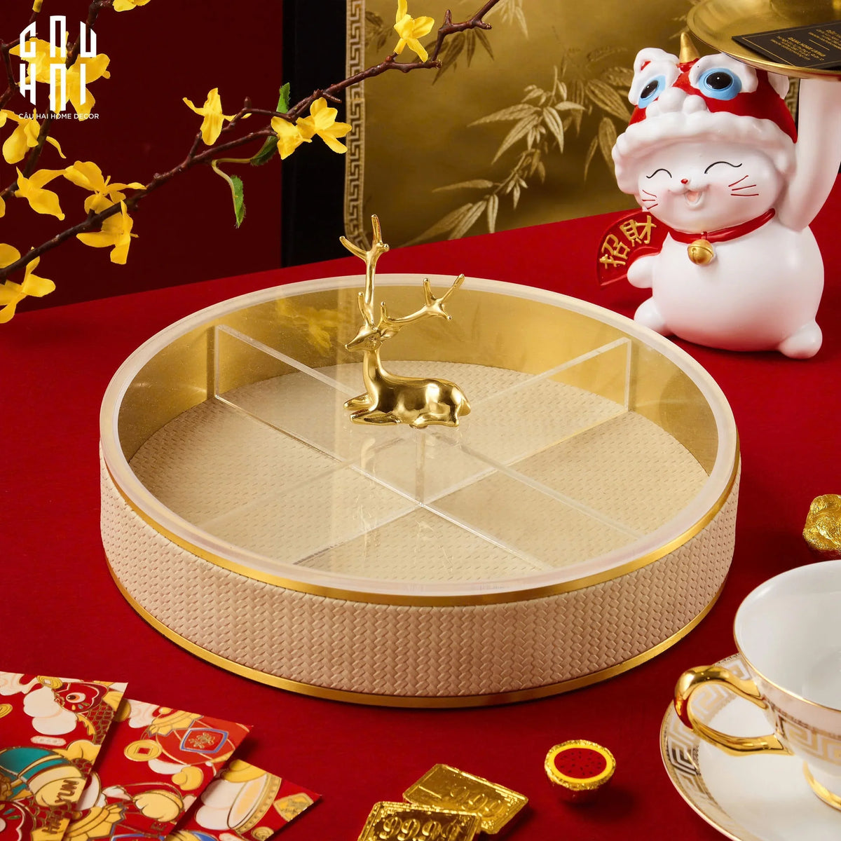 Maison Couture - Hộp Bánh Mứt Allure Lux Leather D'Ivoire Antler Portrait-Lọ kẹo Canister Bonbonnière-Đối tác tại Trung Quốc theo từng đơn đặt hàng-CẬU HAI HOME DECOR