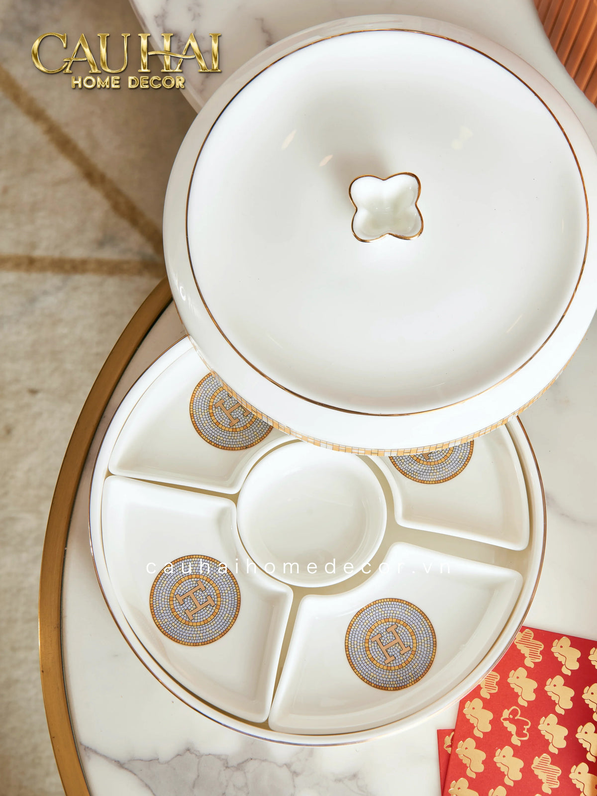 Maison Couture - Hộp Bánh Mứt Helios Mosaïque Signature H-Lọ kẹo Canister Bonbonnière-Đối tác tại Trung Quốc theo từng đơn đặt hàng-CẬU HAI HOME DECOR