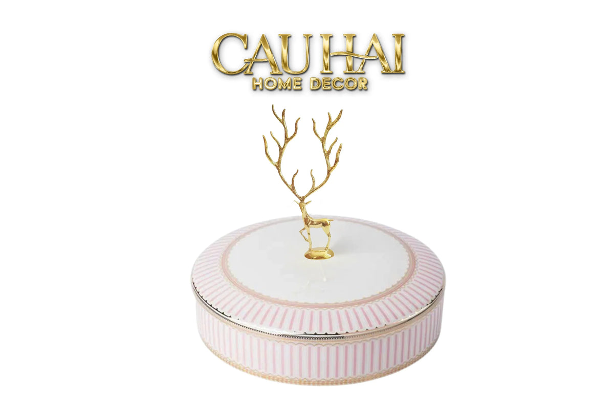 Maison Couture - Hộp Bánh Mứt Linges Antler Noble - Bleu / Rose Plateau-Lọ kẹo Canister Bonbonnière-Đối tác tại Trung Quốc theo từng đơn đặt hàng-Rose-CẬU HAI HOME DECOR
