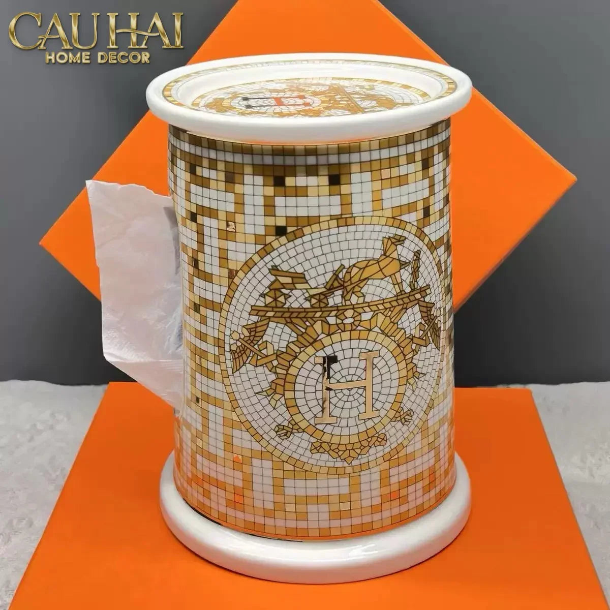 Maison Couture - Hộp Khăn Giấy Gốm Sứ - Mosaic Équestre Porcelain Cylinder-CẬU HAI HOME DECOR