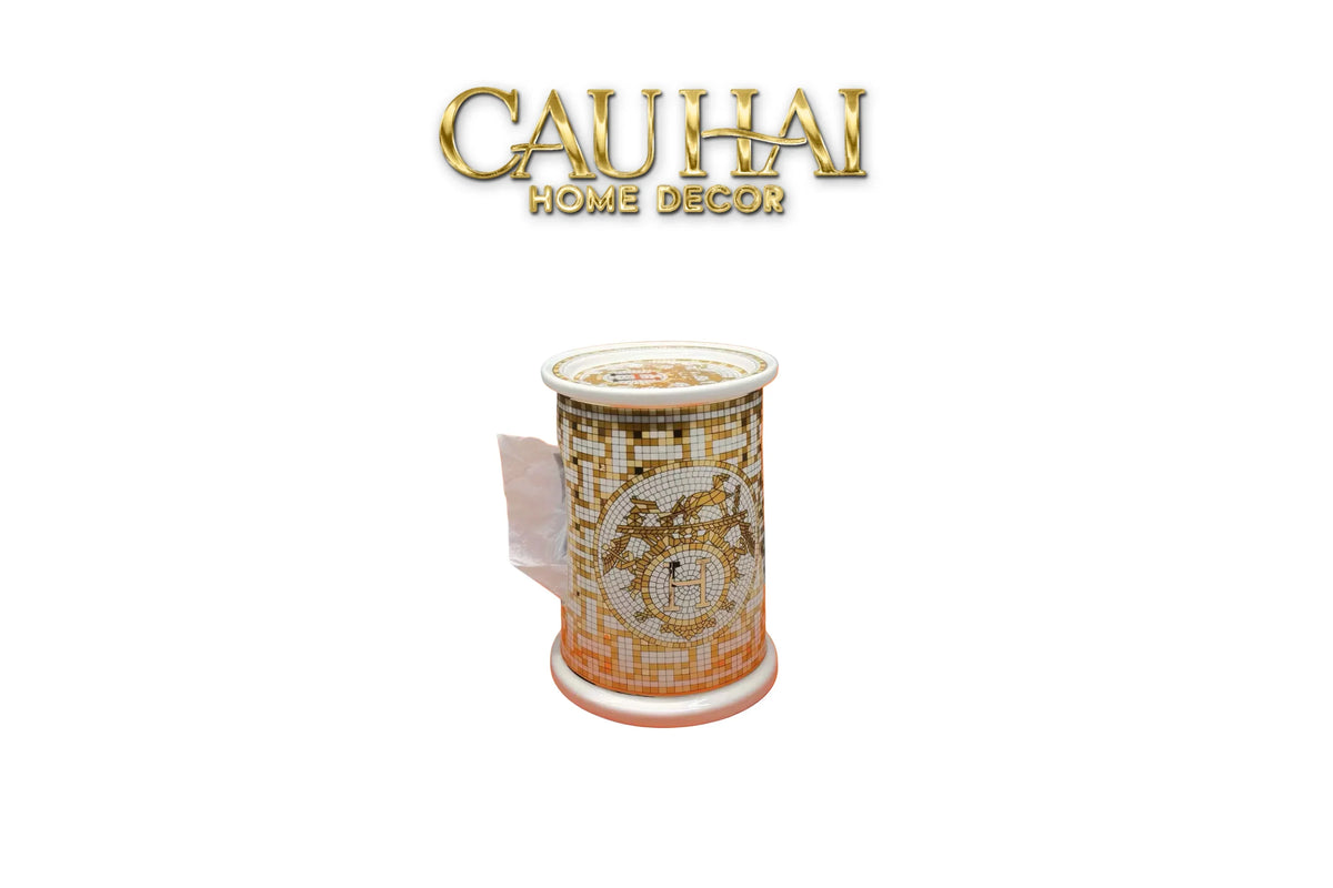 Maison Couture - Hộp Khăn Giấy Gốm Sứ - Mosaic Équestre Porcelain Cylinder-HỘP KHĂN GIẤY-Đối tác tại Trung Quốc theo từng đơn đặt hàng-CẬU HAI HOME DECOR
