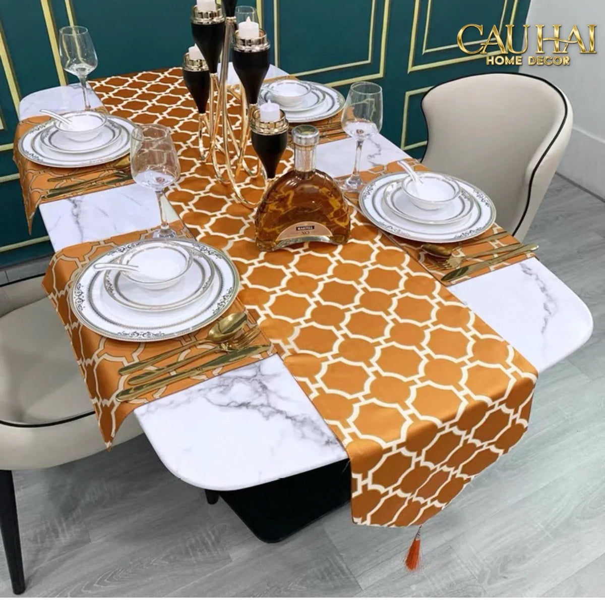 Maison Couture - Khăn Trải Bàn Lụa Treillis Doré Orange Fauve Silk Table Runner 2m4-KHĂN TRẢI BÀN-Đối tác tại Trung Quốc theo từng đơn đặt hàng-CẬU HAI HOME DECOR