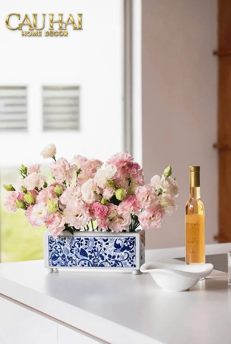 Maison Couture - Khay Bình Hoa Blue Indigo Indochine Héritage Floral Centerpiece Porcelain Trays 29.5 x 11-CẬU HAI HOME DECOR
