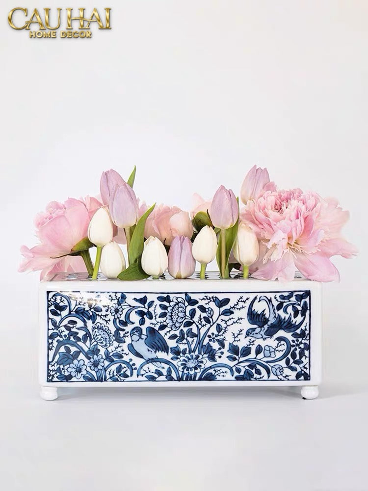 Maison Couture - Khay Bình Hoa Blue Indigo Indochine Héritage Floral Centerpiece Porcelain Trays 29.5 x 11-CẬU HAI HOME DECOR