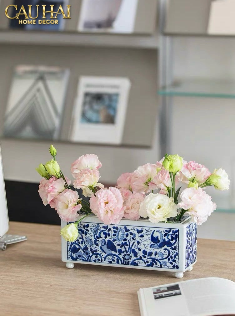 Maison Couture - Khay Bình Hoa Blue Indigo Indochine Héritage Floral Centerpiece Porcelain Trays 29.5 x 11-CẬU HAI HOME DECOR