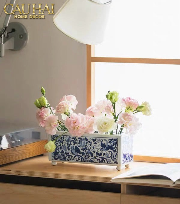 Maison Couture - Khay Bình Hoa Blue Indigo Indochine Héritage Floral Centerpiece Porcelain Trays 29.5 x 11-CẬU HAI HOME DECOR