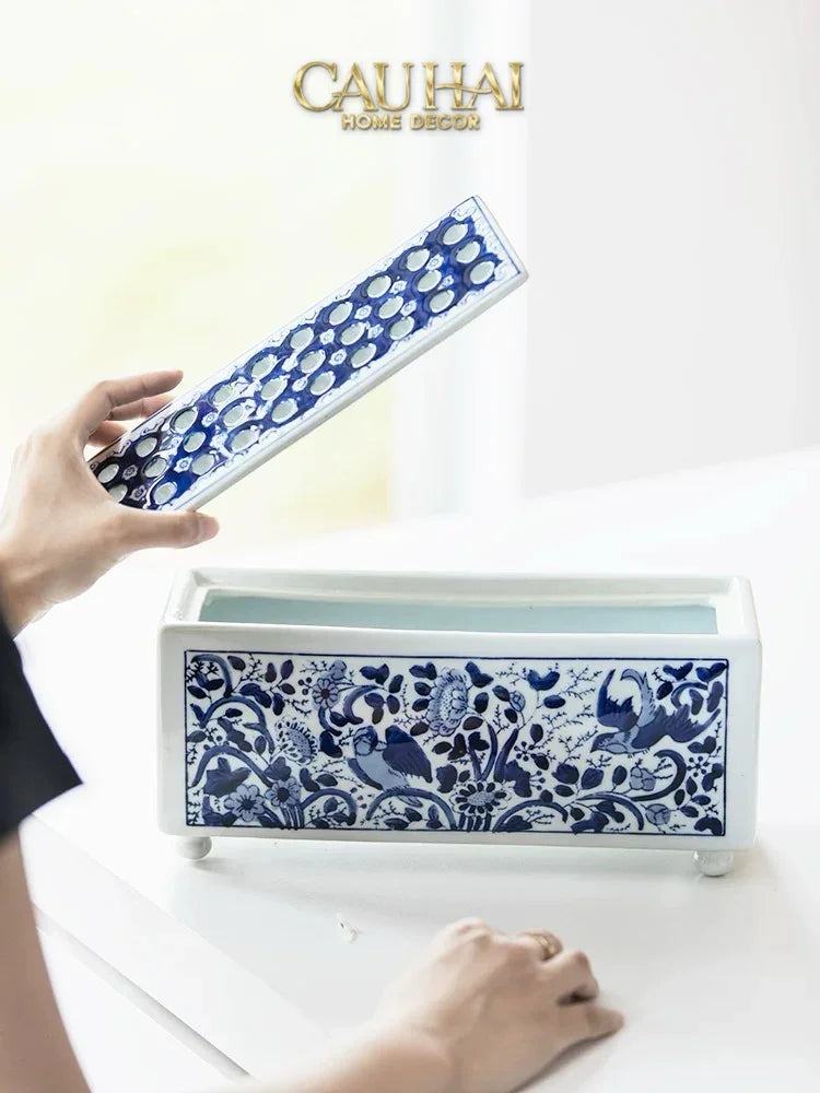 Maison Couture - Khay Bình Hoa Blue Indigo Indochine Héritage Floral Centerpiece Porcelain Trays 29.5 x 11-CẬU HAI HOME DECOR