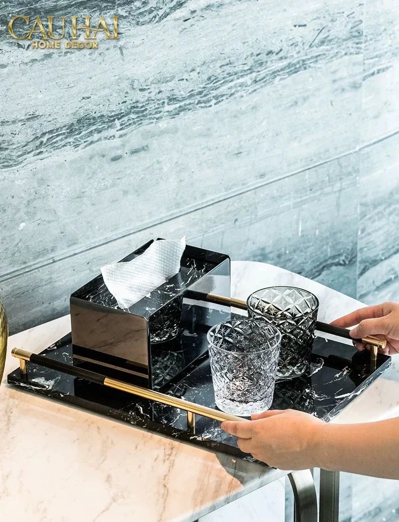 Maison Couture - Khay Đá Marble Chữ Nhật Phantom Golden Handles 30×40-CẬU HAI HOME DECOR