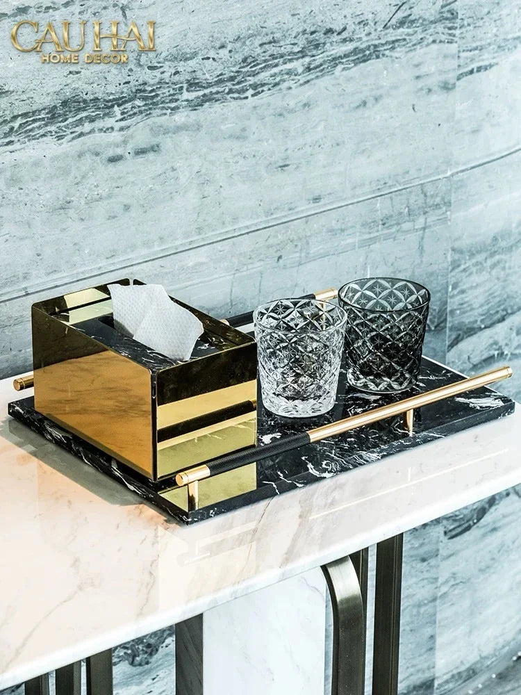 Maison Couture - Khay Đá Marble Chữ Nhật Phantom Golden Handles 30×40-CẬU HAI HOME DECOR