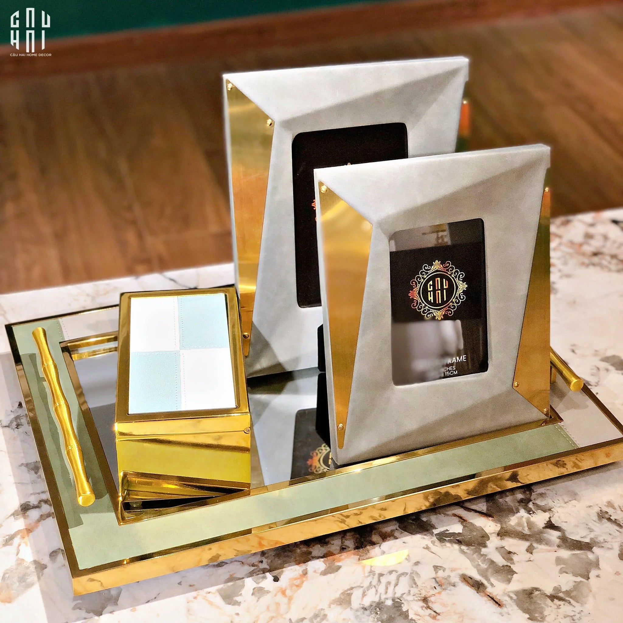 Maison Couture - Khay Gương Chữ Nhật Viền Da Luxe Leather Edge Briton Spéciale Édition 34x47x6-CẬU HAI HOME DECOR