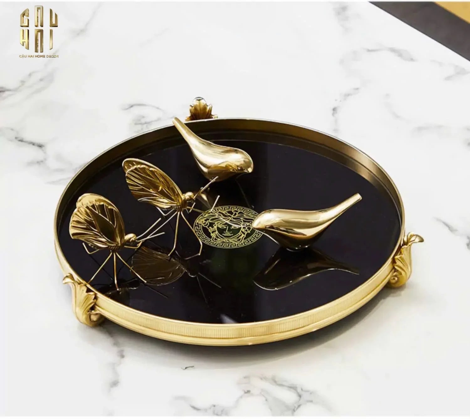 Maison Couture - Khay Gương Đen Tròn Brasson Barocco Medusa Savoir Mirron Ronde Plateau 32-CẬU HAI HOME DECOR