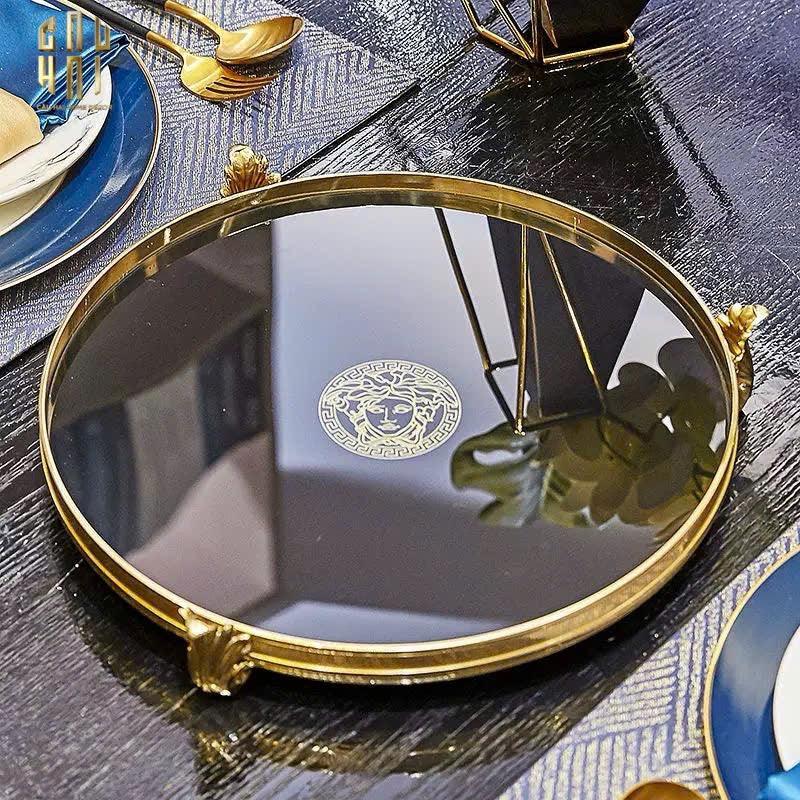 Maison Couture - Khay Gương Đen Tròn Brasson Barocco Medusa Savoir Mirron Ronde Plateau 32-CẬU HAI HOME DECOR