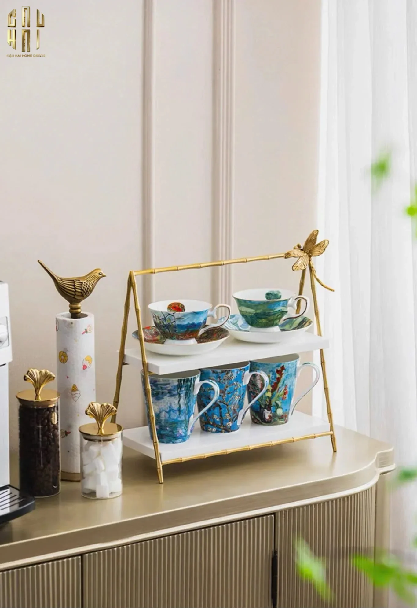 Maison Couture - Khay Kệ 2 Tầng Bằng Đồng Đá Marble Papillon Lumière Tiered Organizer 16.5x33.5x34-CẬU HAI HOME DECOR