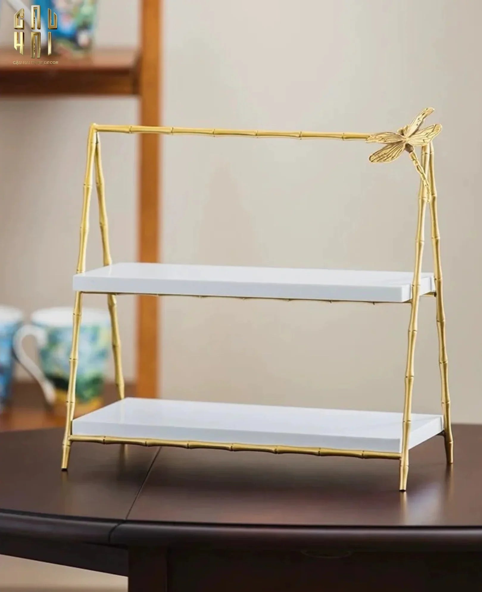 Maison Couture - Khay Kệ 2 Tầng Bằng Đồng Đá Marble Papillon Lumière Tiered Organizer 16.5x33.5x34-CẬU HAI HOME DECOR