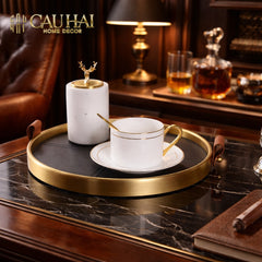 Maison Couture - Khay Tròn Bọc Da Viền Hợp Kim Gray Edin D36-CẬU HAI HOME DECOR