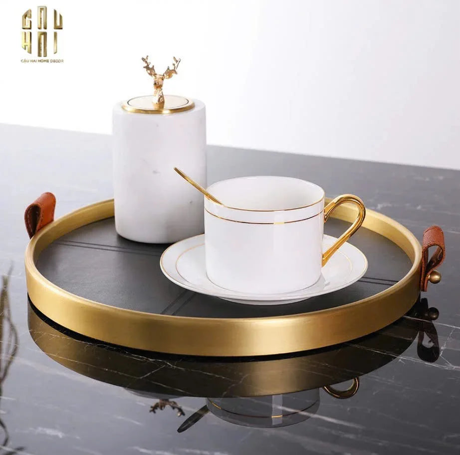 Maison Couture - Khay Tròn Bọc Da Viền Hợp Kim Gray Edin D36-CẬU HAI HOME DECOR