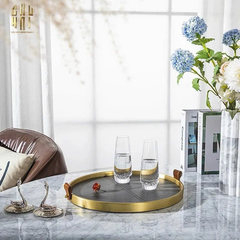 Maison Couture - Khay Tròn Bọc Da Viền Hợp Kim Gray Edin D36-CẬU HAI HOME DECOR
