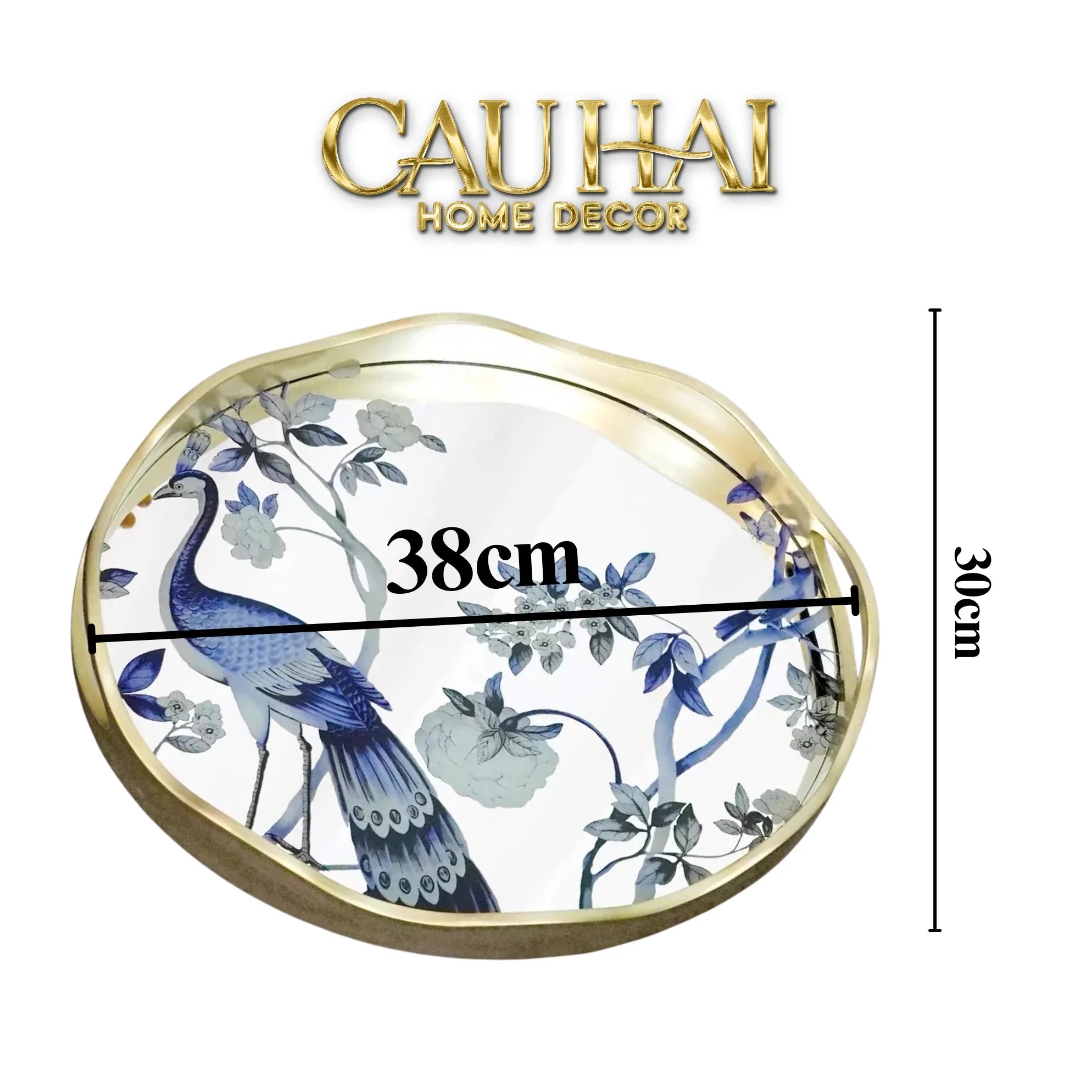 Maison Couture - Khay Tròn Khổng Tước Mirror Plateau Oval Paon Oriental 30X38-CẬU HAI HOME DECOR
