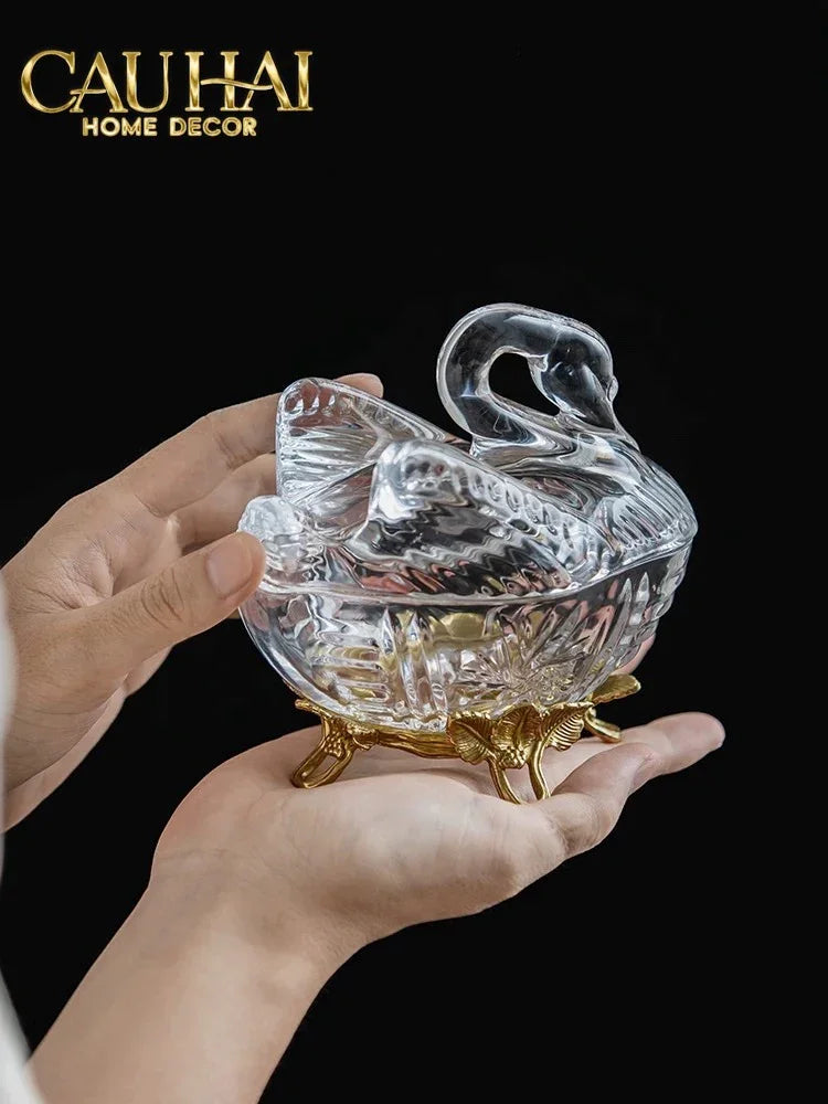 Maison Couture - Lọ Kẹo Thiên Nga Pha Lê Đế Đồng - Swan De L’Athènes Cristalleries Bonbonnière 9x13.7x14-CẬU HAI HOME DECOR