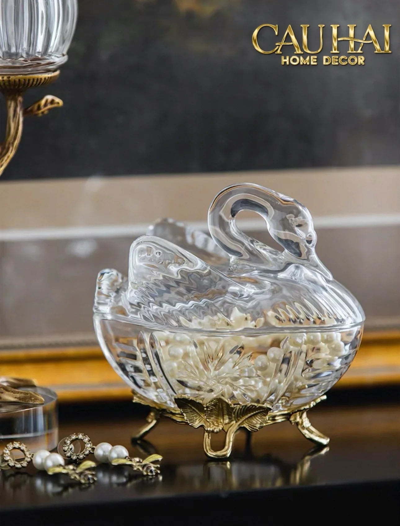 Maison Couture - Lọ Kẹo Thiên Nga Pha Lê Đế Đồng - Swan De L’Athènes Cristalleries Bonbonnière 9x13.7x14-CẬU HAI HOME DECOR
