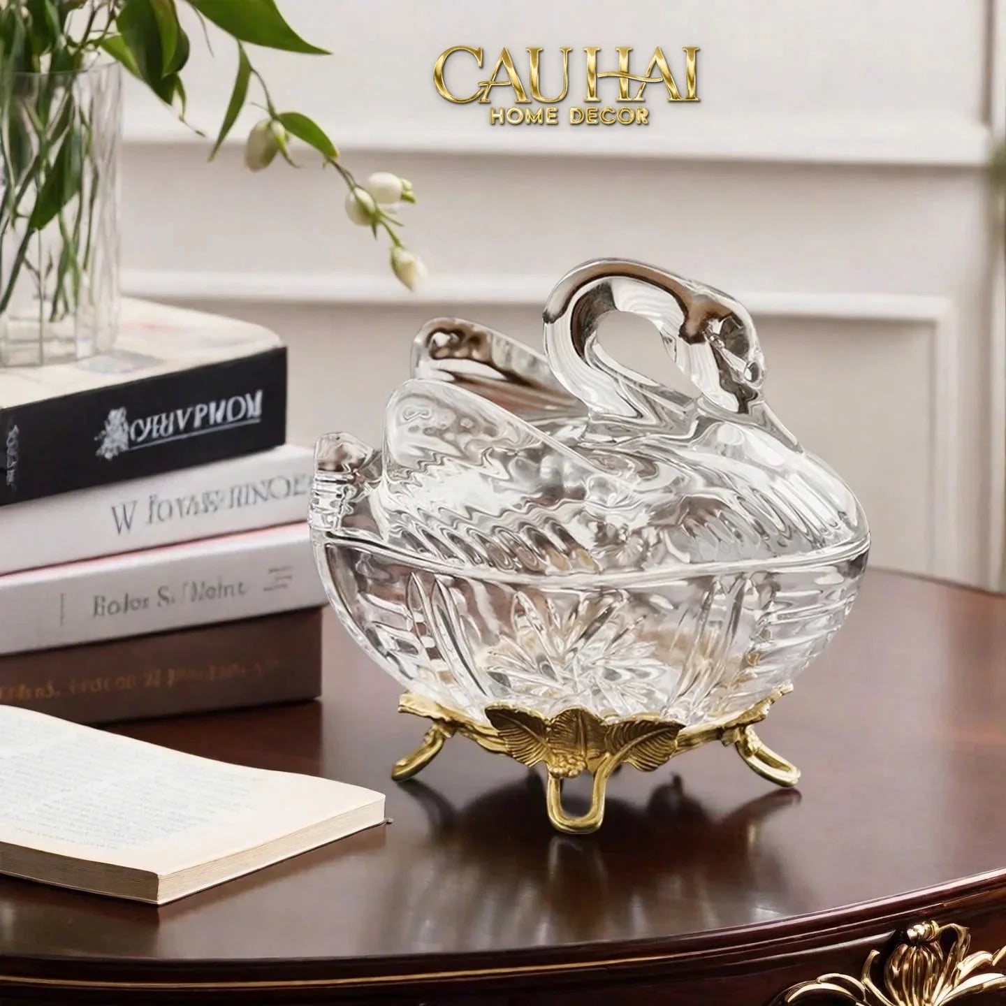 Maison Couture - Lọ Kẹo Thiên Nga Pha Lê Đế Đồng - Swan De L’Athènes Cristalleries Bonbonnière 9x13.7x14-CẬU HAI HOME DECOR
