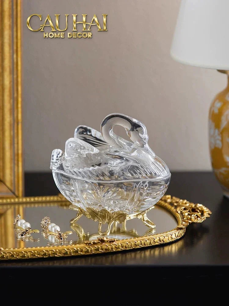 Maison Couture - Lọ Kẹo Thiên Nga Pha Lê Đế Đồng - Swan De L’Athènes Cristalleries Bonbonnière 9x13.7x14-Lọ kẹo Canister Bonbonnière-Đối tác tại Trung Quốc theo từng đơn đặt hàng-CẬU HAI HOME DECOR