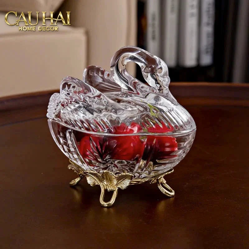 Maison Couture - Lọ Kẹo Thiên Nga Pha Lê Đế Đồng - Swan De L’Athènes Cristalleries Bonbonnière 9x13.7x14-Lọ kẹo Canister Bonbonnière-Đối tác tại Trung Quốc theo từng đơn đặt hàng-CẬU HAI HOME DECOR