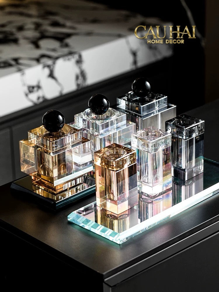 Maison Couture - Lọ Tăm Bông Pha Lê - Cristalleries Obsidian Cube - Smoky Vanity Ritual Set 9x14-CẬU HAI HOME DECOR