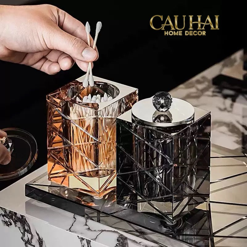 Maison Couture - Lọ Tăm Bông Pha Lê - Cristalleries Obsidian Cube - Smoky Vanity Ritual Set 9x14-HŨ TRANG TRÍ-Đối tác tại Trung Quốc theo từng đơn đặt hàng-CẬU HAI HOME DECOR