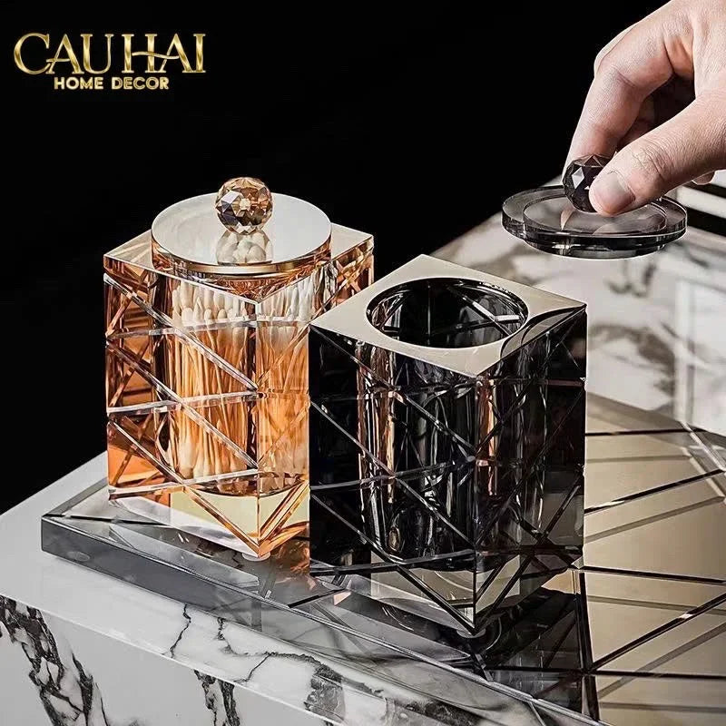 Maison Couture - Lọ Tăm Bông Pha Lê Lumière Cannage Facetté Diamant Cristalleries Vanity 7x13-HŨ TRANG TRÍ-Đối tác tại Trung Quốc theo từng đơn đặt hàng-CẬU HAI HOME DECOR