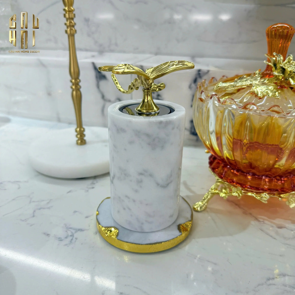 Maison Couture - Lọ Tăm Đá Marble Brasson Sauvage Blanche Marbre D'Ivoire-HŨ TRANG TRÍ-Đối tác tại Trung Quốc theo từng đơn đặt hàng-BRASSON DRAGONFLY-CẬU HAI HOME DECOR