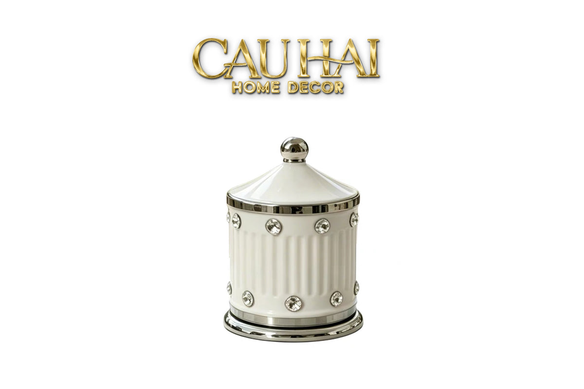 Maison Couture - Lọ Tăm Sứ Đính Đá Bijou Ivoire Argent-Lọ Tăm bông - Bathroom Vanity-CẬU HAI HOME DECOR-CẬU HAI HOME DECOR