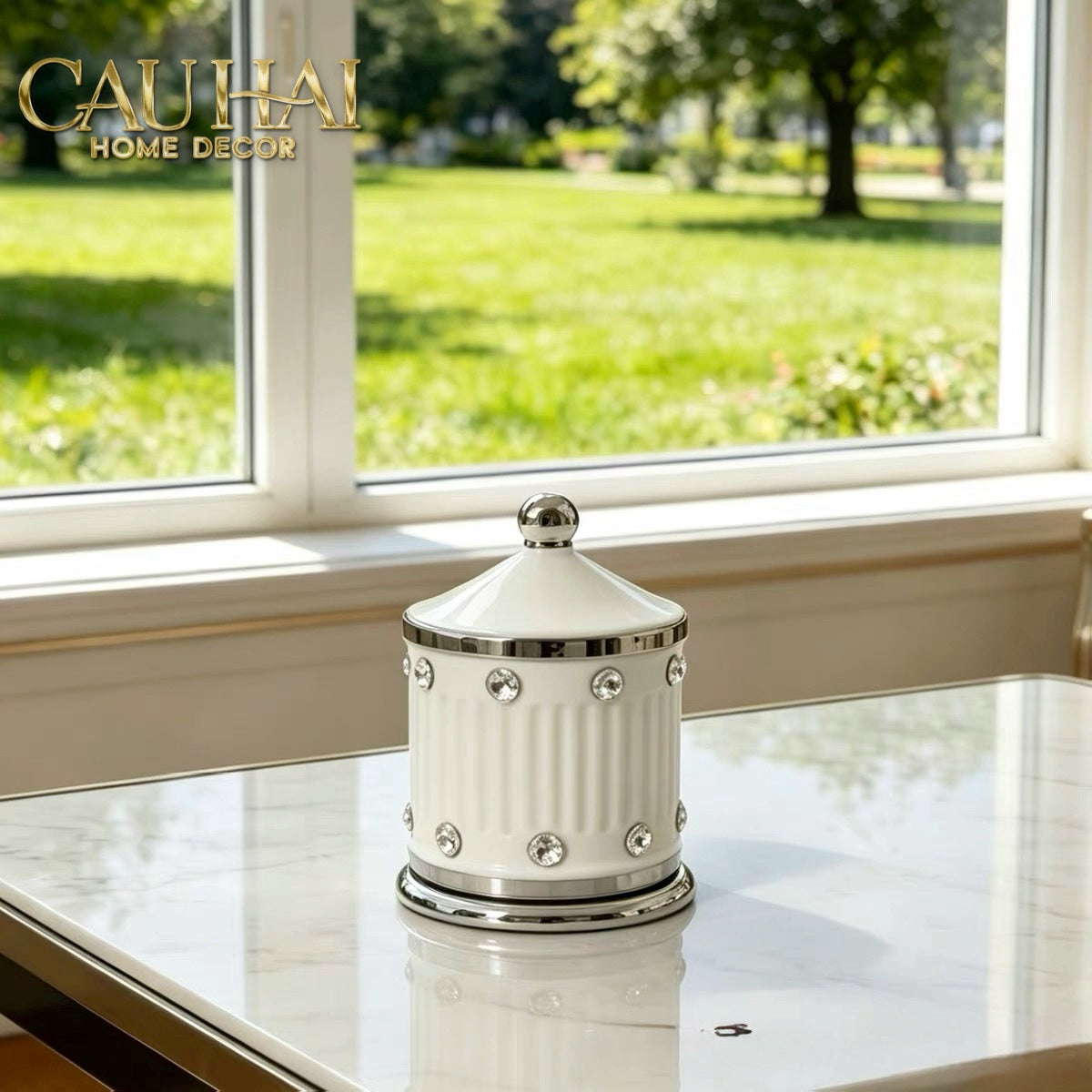 Maison Couture - Lọ Tăm Sứ Đính Đá Bijou Ivoire Argent-Lọ Tăm bông - Bathroom Vanity-CẬU HAI HOME DECOR-CẬU HAI HOME DECOR