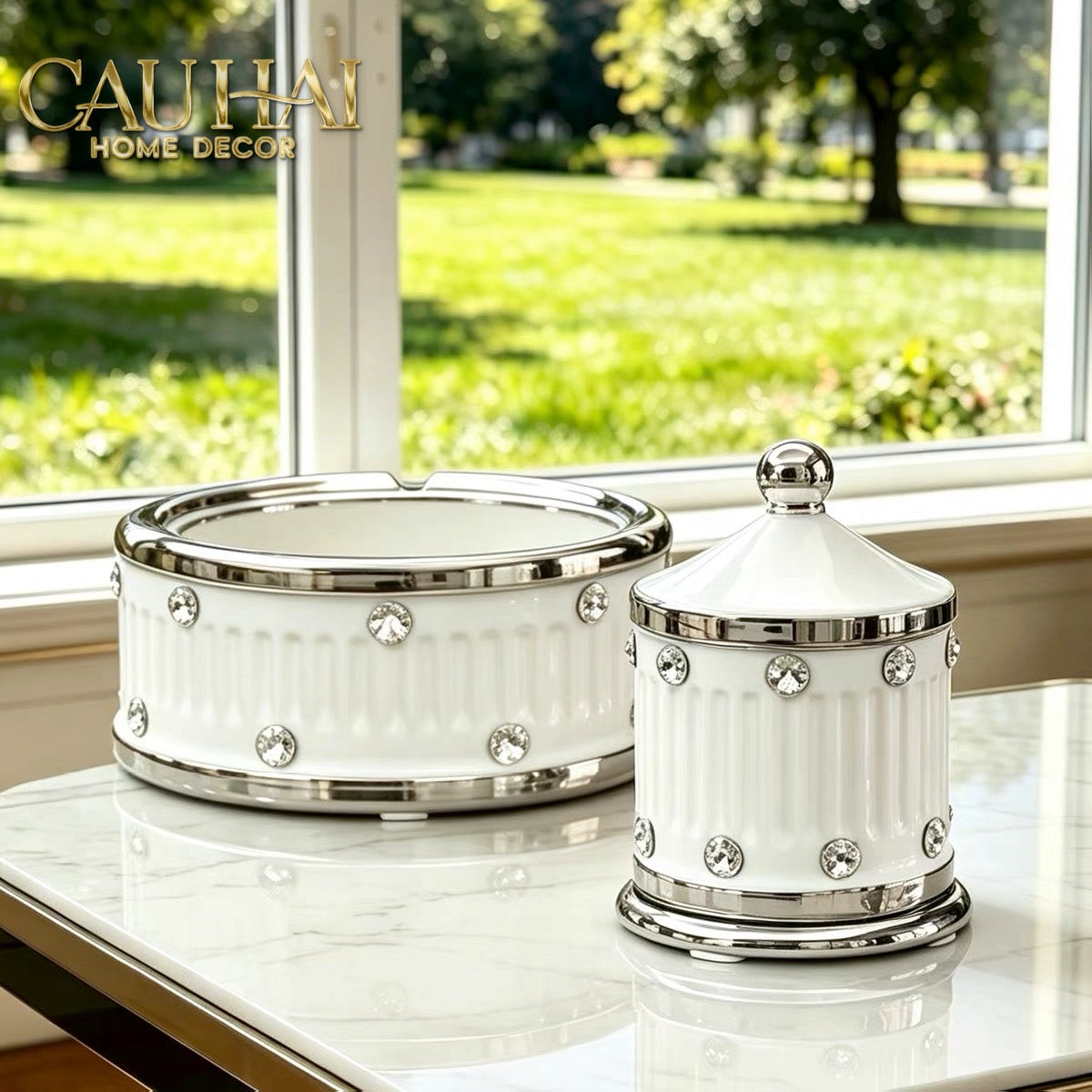 Maison Couture - Lọ Tăm Sứ Đính Đá Bijou Ivoire Argent-Lọ Tăm bông - Bathroom Vanity-CẬU HAI HOME DECOR-CẬU HAI HOME DECOR