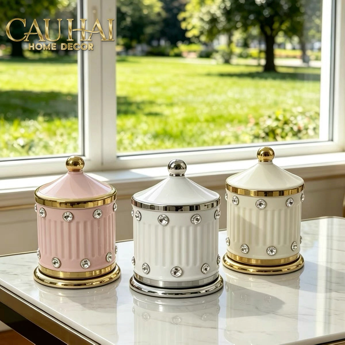 Maison Couture - Lọ Tăm Sứ Đính Đá Bijou Ivoire Argent-Lọ Tăm bông - Bathroom Vanity-CẬU HAI HOME DECOR-CẬU HAI HOME DECOR