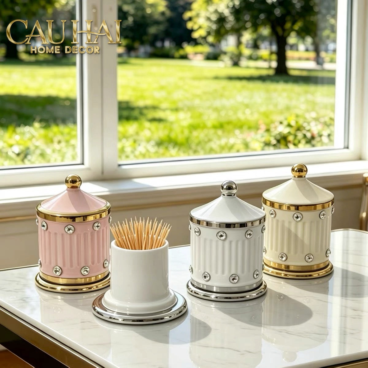 Maison Couture - Lọ Tăm Sứ Đính Đá Bijou Ivoire Argent-Lọ Tăm bông - Bathroom Vanity-CẬU HAI HOME DECOR-CẬU HAI HOME DECOR