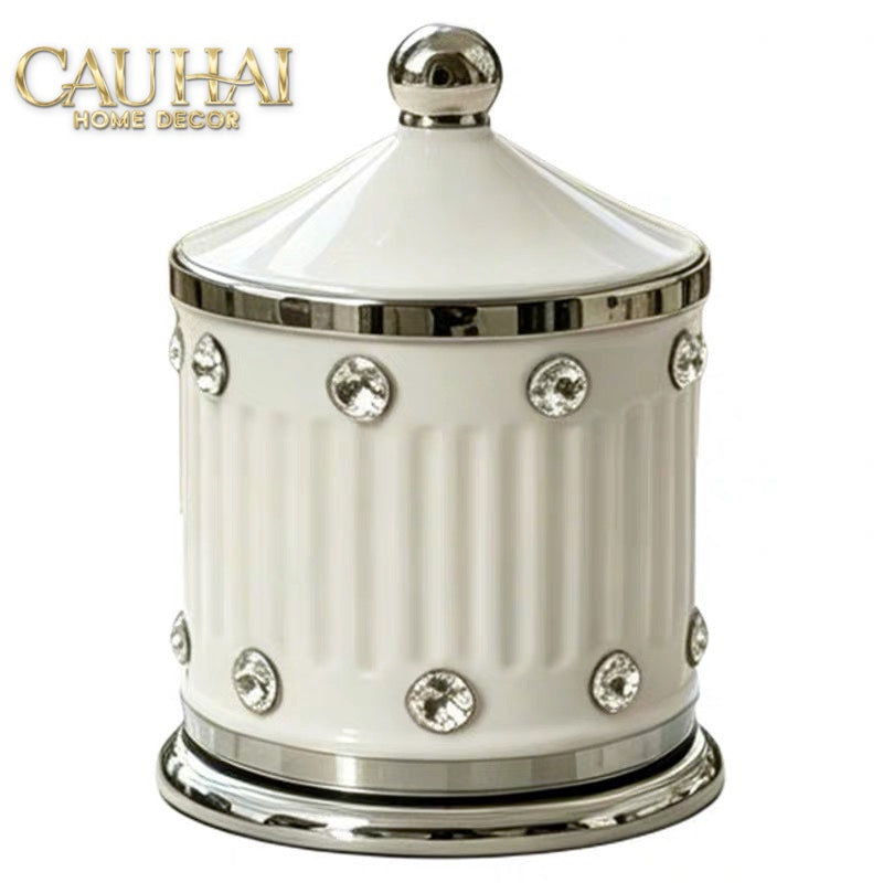 Maison Couture - Lọ Tăm Sứ Đính Đá Bijou Ivoire Argent-Lọ Tăm bông - Bathroom Vanity-CẬU HAI HOME DECOR-CẬU HAI HOME DECOR