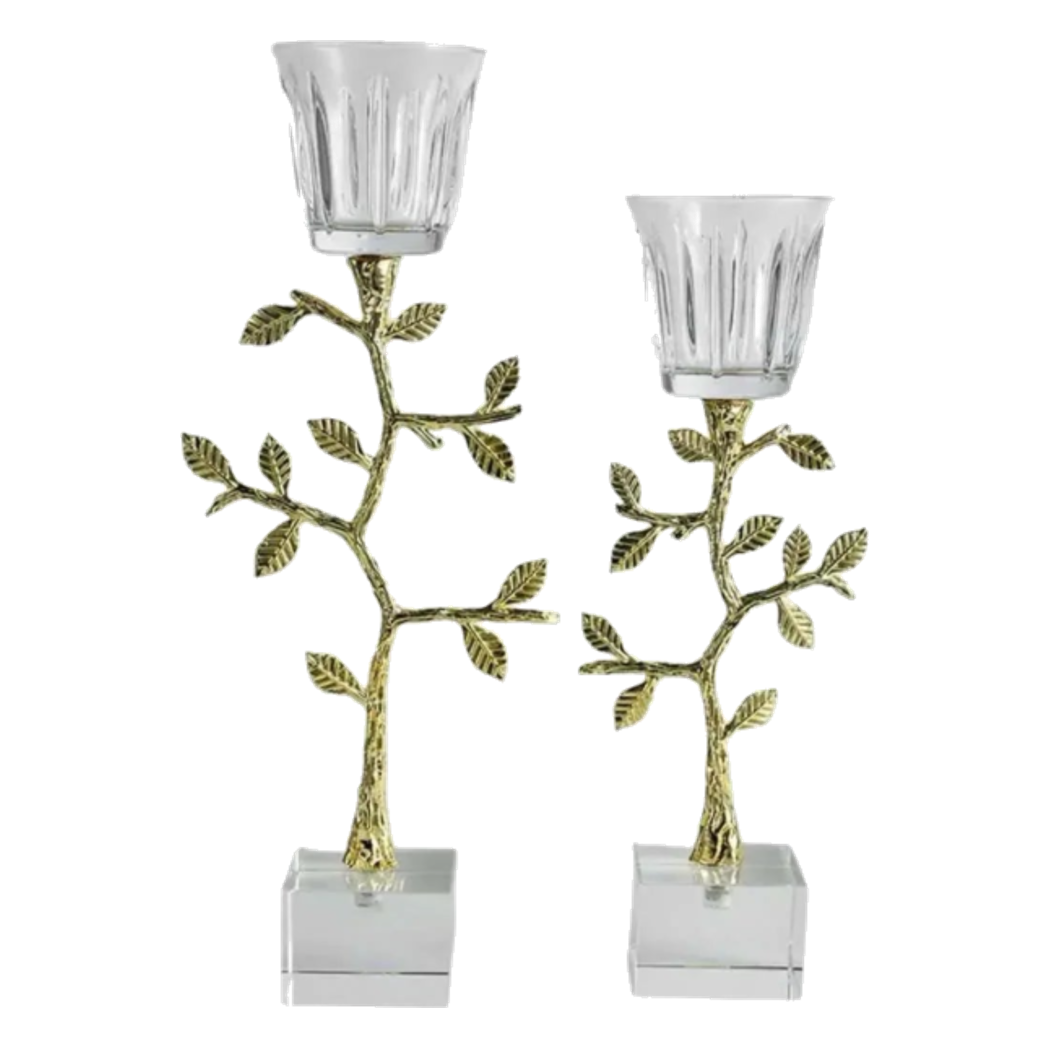 Maison Couture - Set 2 Đế Nến Pha Lê Aurum Branche Spéciale Édition H33/40-Hoa Lụa-Đối tác tại Trung Quốc theo từng đơn đặt hàng-CẬU HAI HOME DECOR