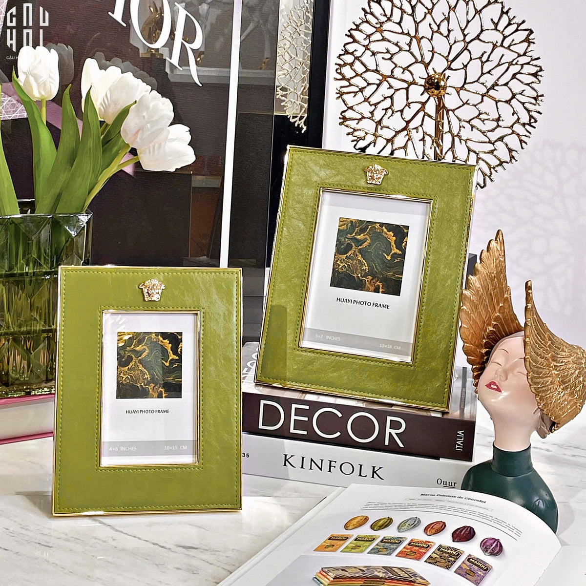 Maison Couture - Set 2 Khung Ảnh Da Cadre Cuir Vert Mousse Élégance-KHUNG ẢNH-Đối tác tại Trung Quốc theo từng đơn đặt hàng-CẬU HAI HOME DECOR