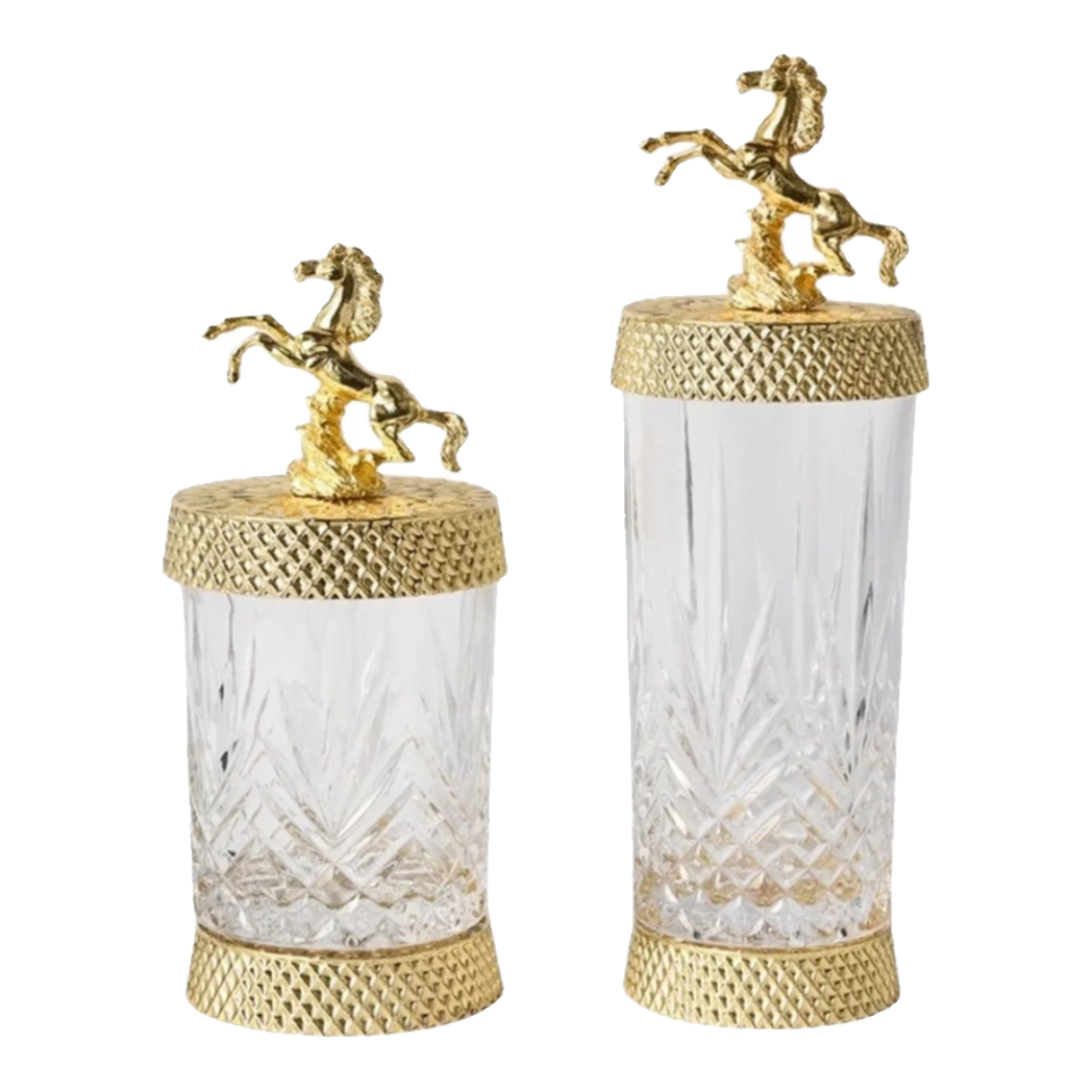 Maison Couture - Set 2 Lọ Kẹo Pha Lê Phối Đồng Cheval Cabré – Brasson Cristalleries Canister 9x20/25-Lọ kẹo Canister Bonbonnière-Đối tác tại Trung Quốc theo từng đơn đặt hàng-CẬU HAI HOME DECOR