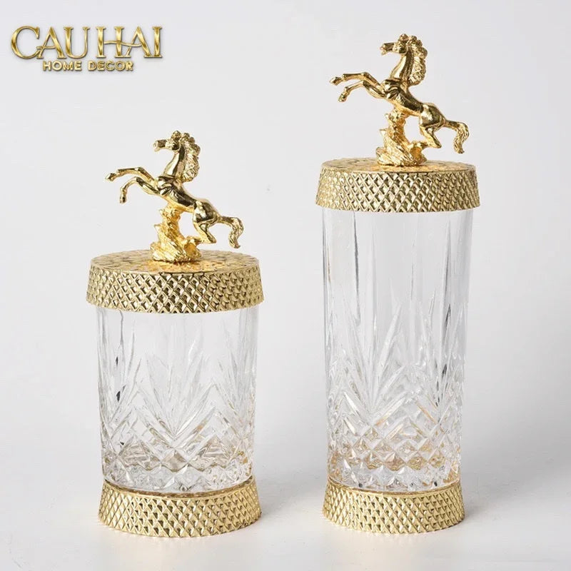 Maison Couture - Set 2 Lọ Kẹo Pha Lê Phối Đồng Cheval Cabré – Brasson Cristalleries Canister 9x20/25-Lọ kẹo Canister Bonbonnière-Đối tác tại Trung Quốc theo từng đơn đặt hàng-CẬU HAI HOME DECOR