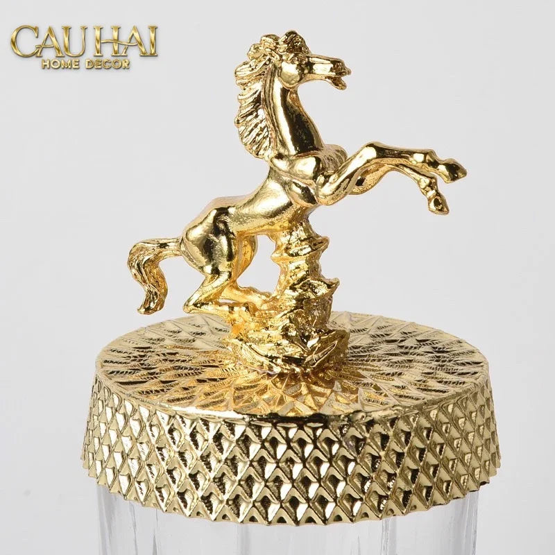 Maison Couture - Set 2 Lọ Kẹo Pha Lê Phối Đồng Cheval Cabré – Brasson Cristalleries Canister 9x20/25-Lọ kẹo Canister Bonbonnière-Đối tác tại Trung Quốc theo từng đơn đặt hàng-CẬU HAI HOME DECOR
