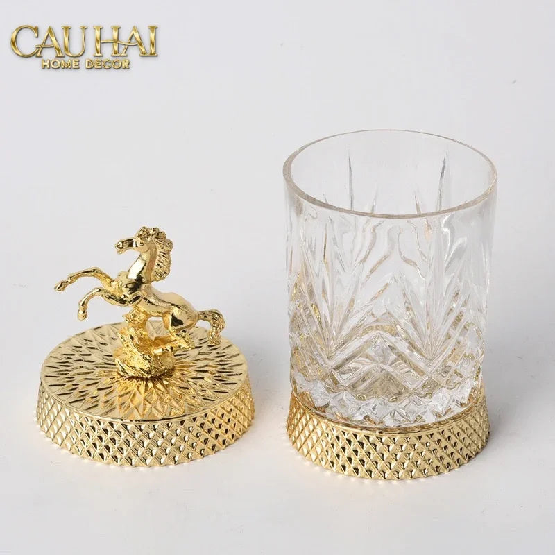 Maison Couture - Set 2 Lọ Kẹo Pha Lê Phối Đồng Cheval Cabré – Brasson Cristalleries Canister 9x20/25-Lọ kẹo Canister Bonbonnière-Đối tác tại Trung Quốc theo từng đơn đặt hàng-CẬU HAI HOME DECOR
