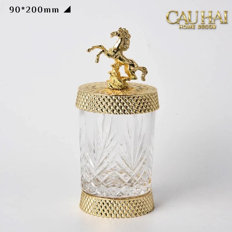 Maison Couture - Set 2 Lọ Kẹo Pha Lê Phối Đồng Cheval Cabré – Brasson Cristalleries Canister 9x20/25-Lọ kẹo Canister Bonbonnière-Đối tác tại Trung Quốc theo từng đơn đặt hàng-CẬU HAI HOME DECOR
