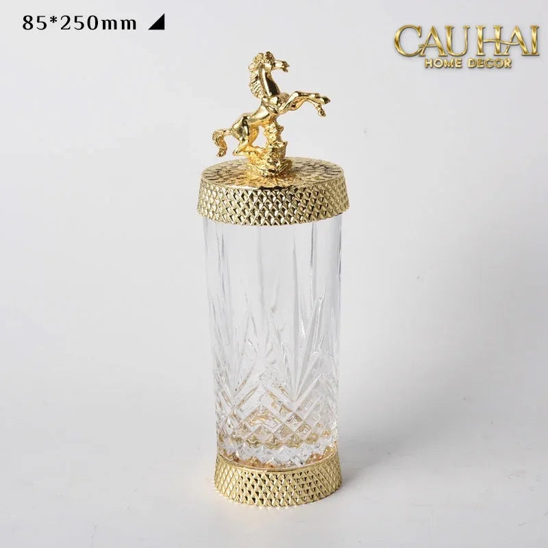 Maison Couture - Set 2 Lọ Kẹo Pha Lê Phối Đồng Cheval Cabré – Brasson Cristalleries Canister 9x20/25-Lọ kẹo Canister Bonbonnière-Đối tác tại Trung Quốc theo từng đơn đặt hàng-CẬU HAI HOME DECOR