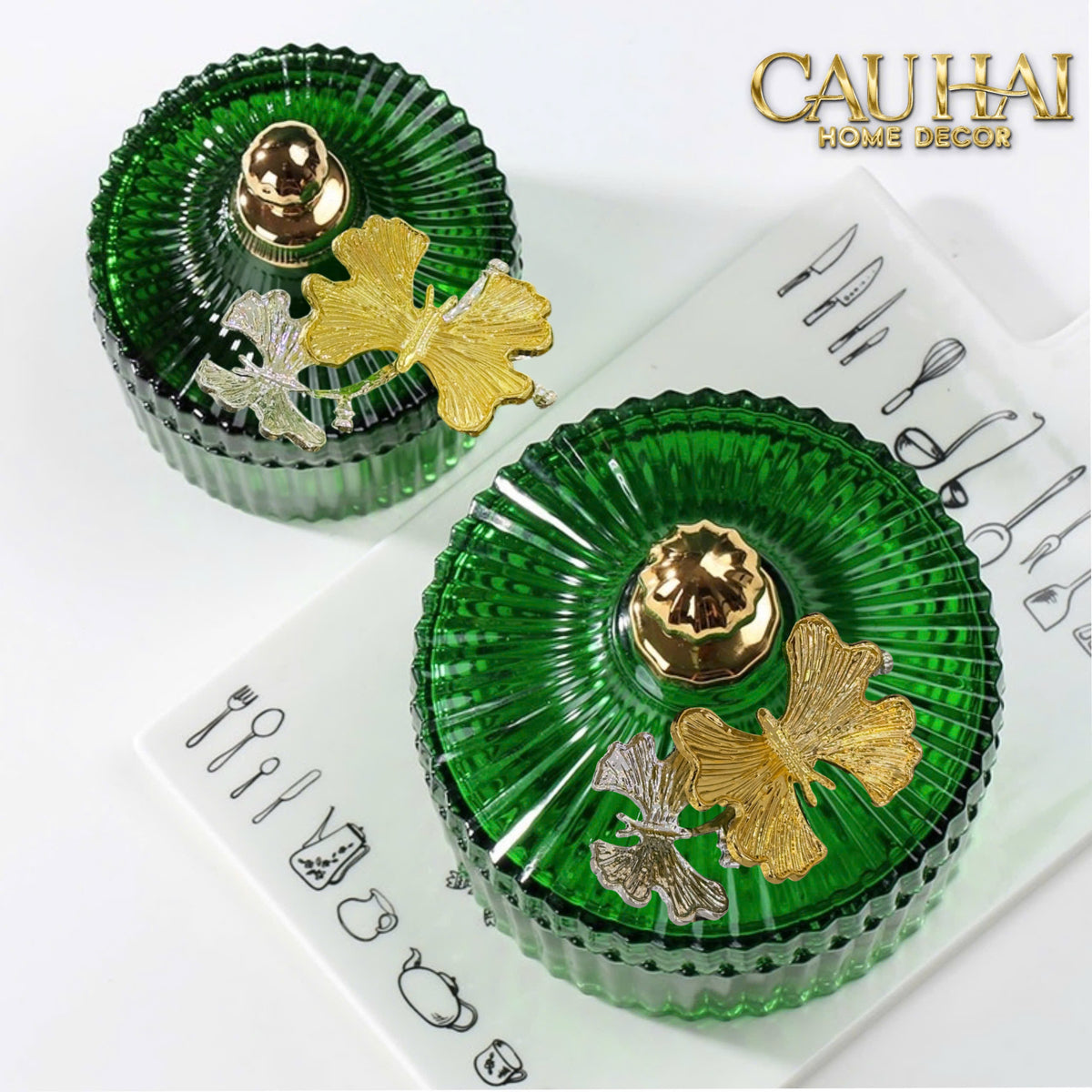 Maison Couture - Set 2 Lọ Kẹo Thuỷ Tinh Papillon Émeraude Royale-Lọ kẹo Canister Bonbonnière-CẬU HAI HOME DECOR-CẬU HAI HOME DECOR
