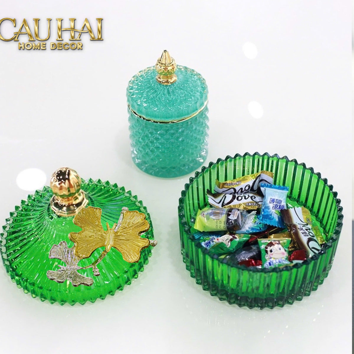 Maison Couture - Set 2 Lọ Kẹo Thuỷ Tinh Papillon Émeraude Royale-Lọ kẹo Canister Bonbonnière-CẬU HAI HOME DECOR-CẬU HAI HOME DECOR