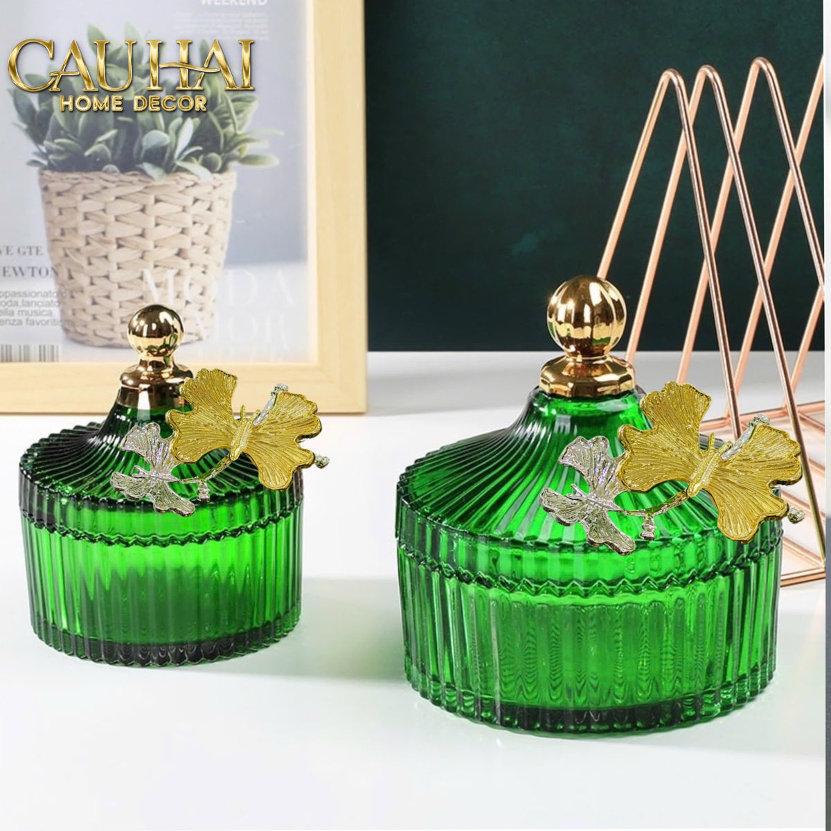 Maison Couture - Set 2 Lọ Kẹo Thuỷ Tinh Papillon Émeraude Royale-Lọ kẹo Canister Bonbonnière-CẬU HAI HOME DECOR-CẬU HAI HOME DECOR