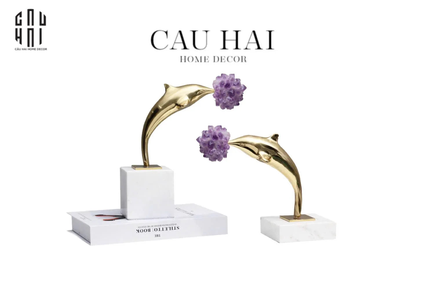 Maison Couture - Set 2 Tượng Cá Heo Bằng Đồng Đá Thạch Anh Tím - Brasson Dolphin Serendipity Amethyst 17x22/28-CẬU HAI HOME DECOR